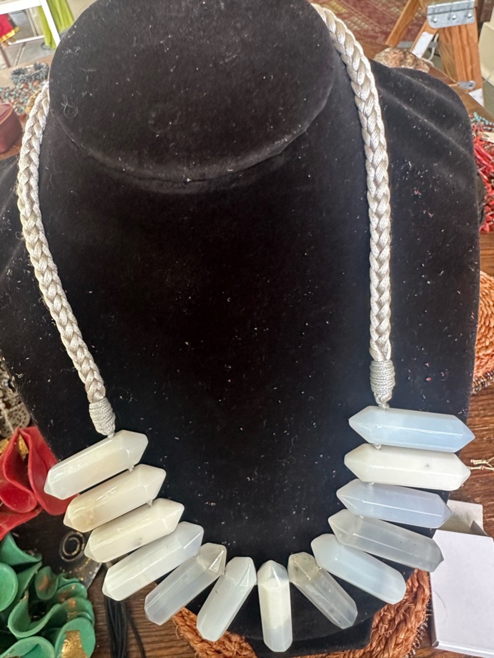 Handcrafted Pale Blue Crystal Point Necklace with Braided Cord